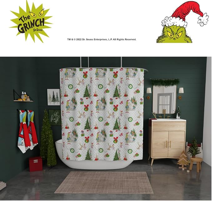 Grinch Wrapping Paper Holiday Christmas 13-Piece Shower Curtain Set, 72 x 72 Inch Fabric Curtain with Hooks, Bathroom Decor, Machine Washable, (100% Officially Licensed Product) by Franco Collectibles