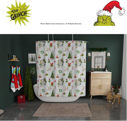 Grinch Wrapping Paper Holiday Christmas 13-Piece Shower Curtain Set, 72 x 72 Inch Fabric Curtain with Hooks, Bathroom Decor, Machine Washable, (100% Officially Licensed Product) by Franco Collectibles
