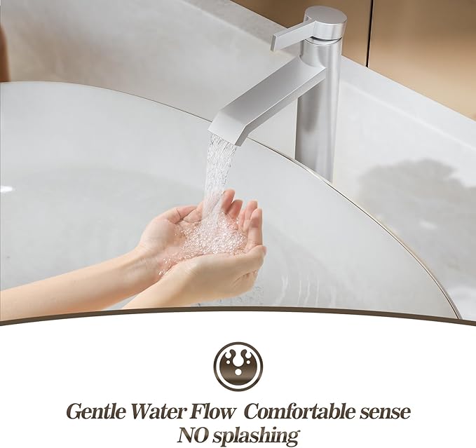 Phiestina Brushed Nickle Single Hole Tall Bathroom Bowl Faucet, Single Handle Above Counter Sink Bathroom Vessel Faucet with Waterfall,Pop Up Drain and Water Supply Line,FH04-BN-V