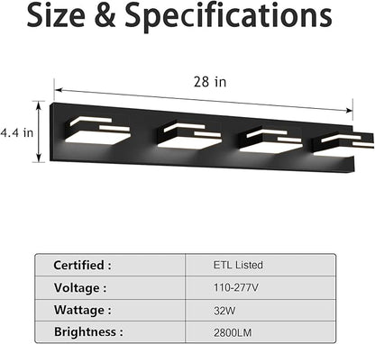 LED Modern Bathroom Vanity Light Fixtures 4-Light 5CCT Dimmable Matte Black Vanity Lights for Bathroom Lighting Fixtures Over Mirror, with 350° Rotatable Acrylic Heads, 28-inch