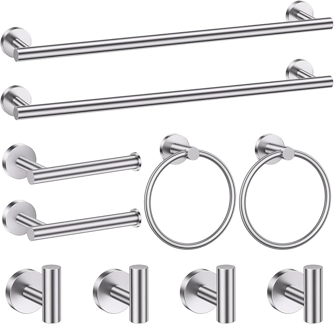 10 Pieces Brushed Nickel Bathroom Hardware Accessories Set SUS304 Stainless Steel Towel Bar Holder Set, 23.6Inch Towel Racks for Bathroom, Robe Towel Hooks, Toilet Paper Holder Wall Mounted
