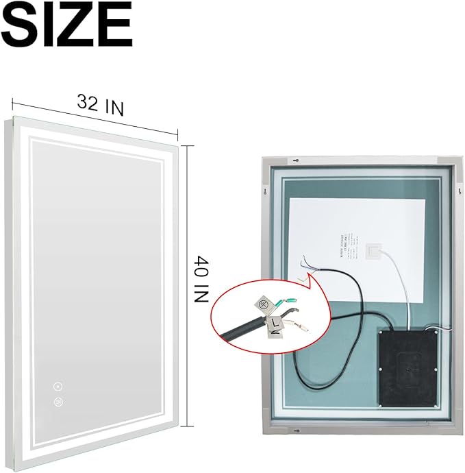 SaniteModar Bathroom Mirror with Lights 40x32 in, Led Mirror for Bathroom, Led Bathroom Mirror, 3 Color Dimmable, Anti Fog, Touch Button, CRI90+, Horizontal/Vertical