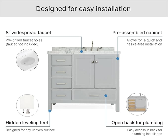 ARIEL Cambridge 42-inch Bathroom Vanity with Sink,Solid Wood, 1.5-inch Italian Carrara Marble Countertop & Backsplash, Single Oval Porcelain Sink, 2 Soft Closing Doors, 5 Dovetail Drawers, Grey