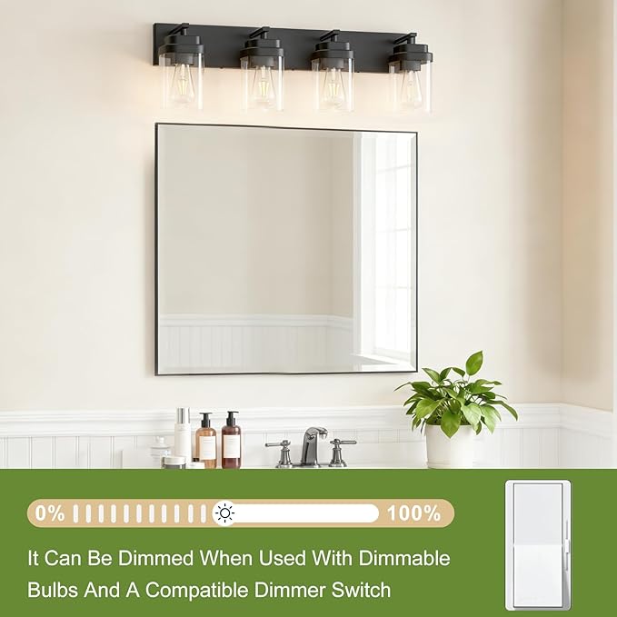 Black Bathroom Light Fixtures, 4 Lights Bathroom Lighting Fixtures Over Mirror, Square Design & Rectangle Large Backplate, Modern Vanity Lighting Fixtures, for Bathroom/Living Room/Bedroom