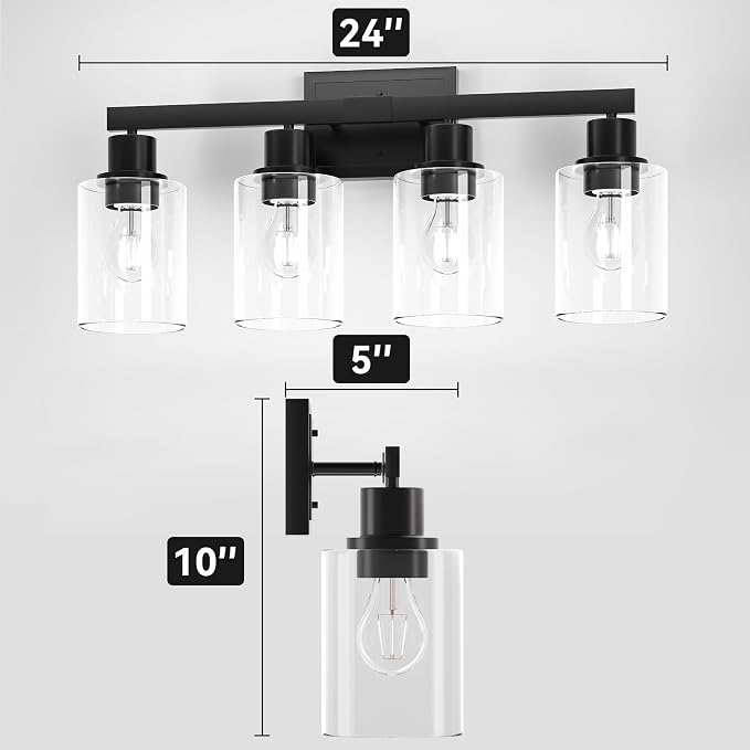 Hasipu Modern Bathroom Light Fixtures, 4 Light Black Vanity Lights | HD Clear Round Glass Shade, Durable Metal, Standard E26 Socket, Easy Installation, Farmhouse Bathroom Lighting