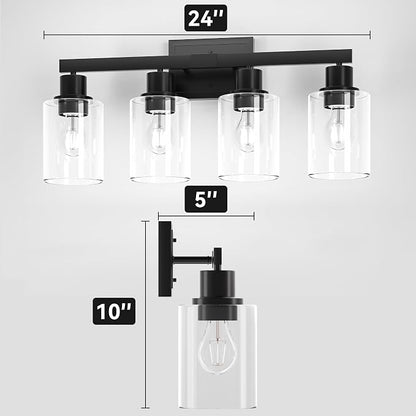 Hasipu Modern Bathroom Light Fixtures, 4 Light Black Vanity Lights | HD Clear Round Glass Shade, Durable Metal, Standard E26 Socket, Easy Installation, Farmhouse Bathroom Lighting