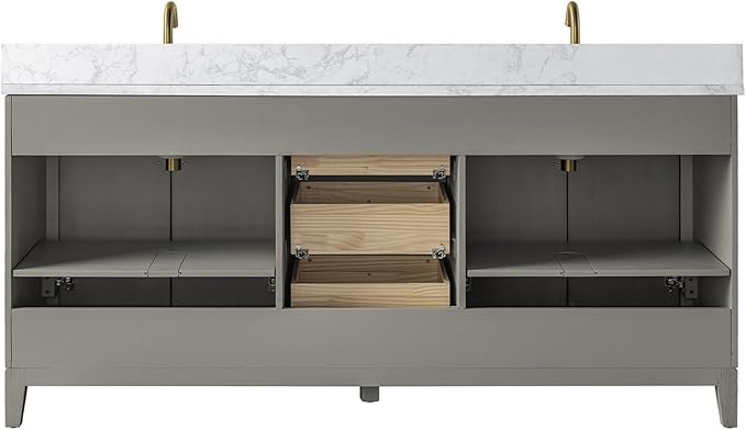 Vanity Art 72" Bathroom Vanity with Double Sink & Arabescato White Engineered Stone Top, Vanity Cabinet with Soft Closing Door, Solid Wood Frame, Golden Brushed Handles, Driftwood Gray VA8172D-DG-GB