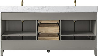 Vanity Art 72" Bathroom Vanity with Double Sink & Arabescato White Engineered Stone Top, Vanity Cabinet with Soft Closing Door, Solid Wood Frame, Golden Brushed Handles, Driftwood Gray VA8172D-DG-GB