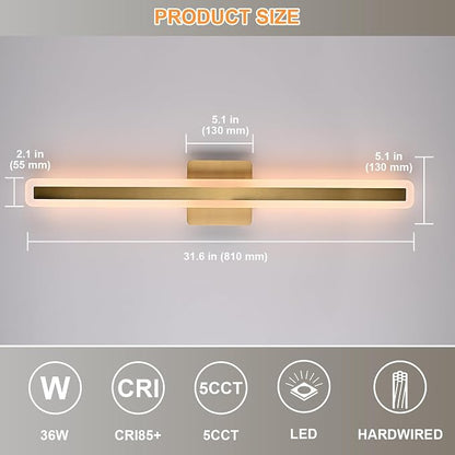 Modern Bathroom Vanity Light 31.6 Inch, 36W 5CCT Dimmable LED Vanity Light Bar, Brushed Brass LED Bathroom Lighting Fixtures Over Mirror Wall Sconces for Cabinets Bedroom Living Room