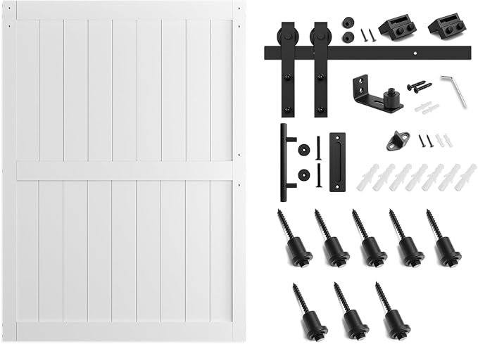 SmartStandard 60 x 84 inch White Sliding Barn Door with 10FT Black Hardware | Pre-Drilled Ready to Assemble, Waterproof PVC Coating, H-Frame