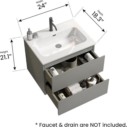 24" Bathroom Vanity with Sink, Modern Floating Vanity with Double Soft Closing Drawers, Large Storage for Small Space, Space Gray, Fully Assembled - Iris Collection