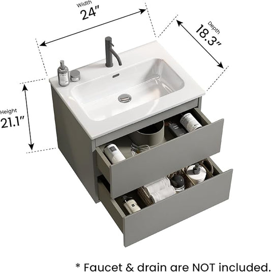 24" Bathroom Vanity with Sink, Modern Floating Vanity with Double Soft Closing Drawers, Large Storage for Small Space, Space Gray, Fully Assembled - Iris Collection
