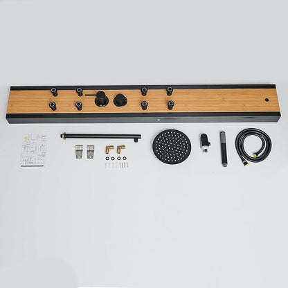Rainfall Shower Panel Shower Tower System Bamboo Wood and Stainless Steel with 8 Body Jets Massage and Adjustable Round Shower Head Handheld Wand Shower Column Wall Mount