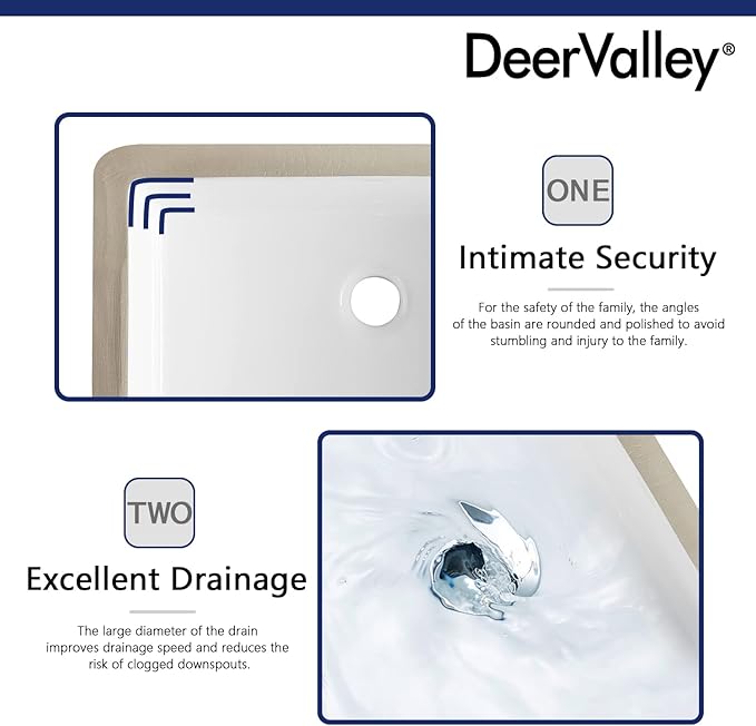 DeerValley DV-1U202 Ursa Bathroom Vessel Sink Rectangular Under-mount White Porcelain Ceramic Bathroom Sink with Overflow