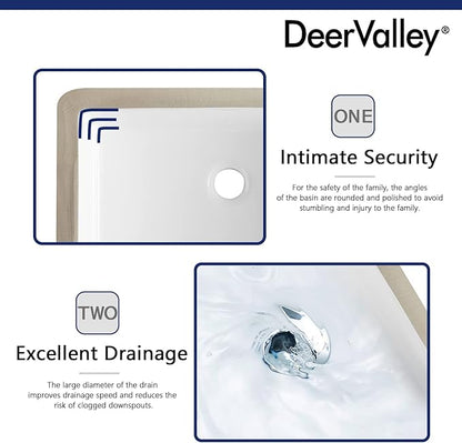 DeerValley DV-1U202 Ursa Bathroom Vessel Sink Rectangular Under-mount White Porcelain Ceramic Bathroom Sink with Overflow