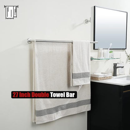 JQK Double Bath Towel Bar, 30 Inch 304 Stainless Steel Thicken 0.8mm Towel Rack for Bathroom, Towel Holder Brushed Finished Wall Mount, Useable Length 27 Inch, TB100L27-BN