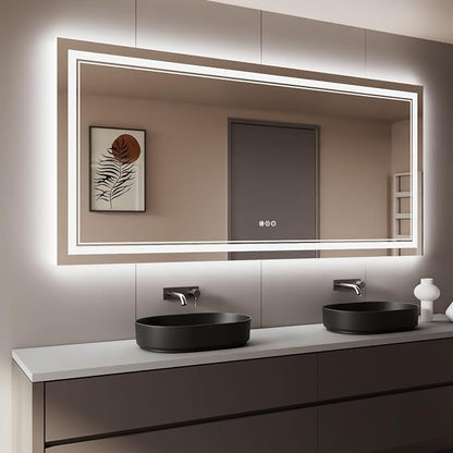 84x40 Inch LED Bathroom Mirror with Lights | Front and Backlit, 3 Colors, Dimmable, Memory, Anti Fog, Shatterproof, Horizontal/Vertical, Lighted Mirrors for Bathroom Wall