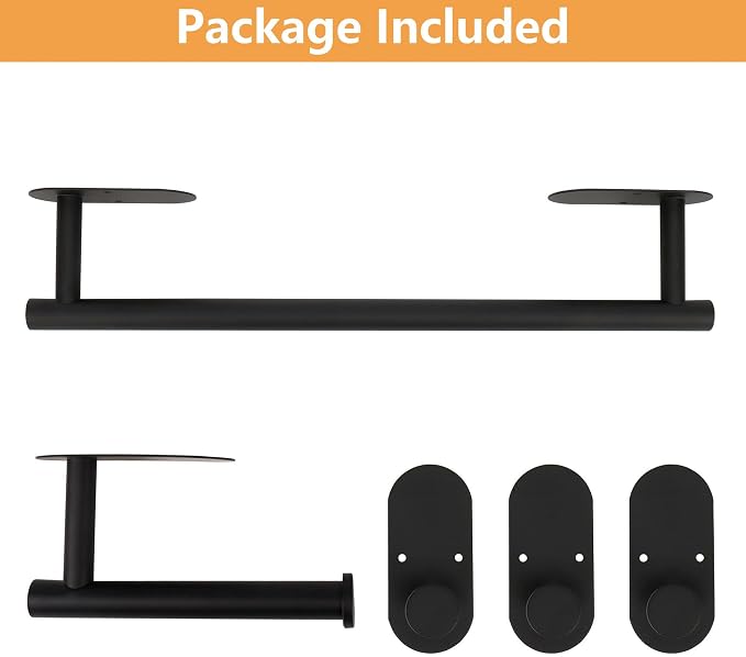 TocTen 5 Pieces Wall Mounted or Self Adhesive Towel Bar Set, Stainless Steel Bathroom Hardware Set Include 16″ Towel Rack, Toilet Paper Holder, 3 Towel Hook, Sticky Bathroom Accessory Kit (Black)