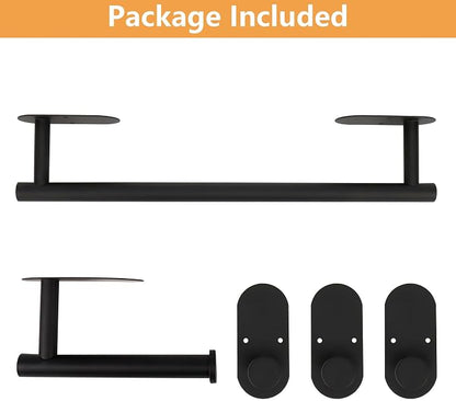 TocTen 5 Pieces Wall Mounted or Self Adhesive Towel Bar Set, Stainless Steel Bathroom Hardware Set Include 16″ Towel Rack, Toilet Paper Holder, 3 Towel Hook, Sticky Bathroom Accessory Kit (Black)