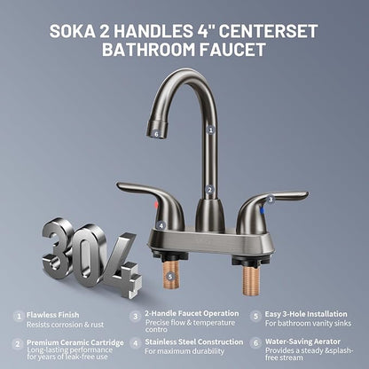 Bathroom Sink Faucet for 3 Hole, 4 Inch Stainless Steel Faucet for Bathroom, Bathroom Faucets with Deck Plate & Pop-Up Pop-Up Drain Assembly 2-Handle Faucet for Bathroom Sink Vanity RV Restroom
