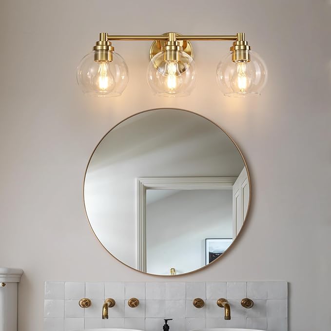 Upgrade 3-Light Bathroom Light Fixtures, Modern Vanity Light with Globe Glass Shade, Brushed Gold Bathroom Lights Over Mirror, Vanity Lights for Bathroom Bedroom Kitchen Hallway Living Room