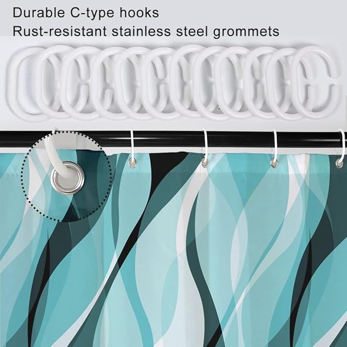 Teal Shower Curtain, Abstract Turquoise and Grey Striped Shower Curtain Set for Bathroom Waterproof Shower Curtain with Hooks, 54x72 Inch