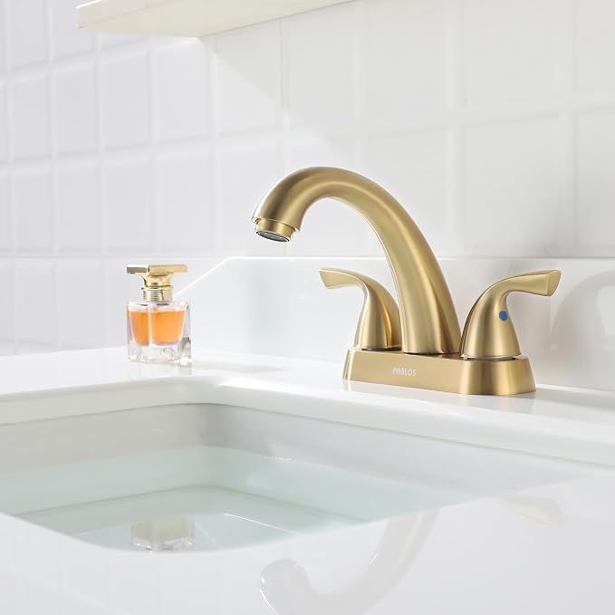 Bathroom Sink Faucet 4 Inch Centerset for Vanity, Brushed Gold | Mid Arc, 2 Handle Lead-Free Deck Mount Bathroom Faucet with Pop Up Drain Supply Lines, for 2 or 3 Hole Lavatory Utility Sink