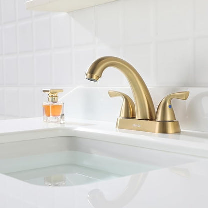 Bathroom Sink Faucet 4 Inch Centerset for Vanity, Brushed Gold | Mid Arc, 2 Handle Lead-Free Deck Mount Bathroom Faucet with Pop Up Drain Supply Lines, for 2 or 3 Hole Lavatory Utility Sink