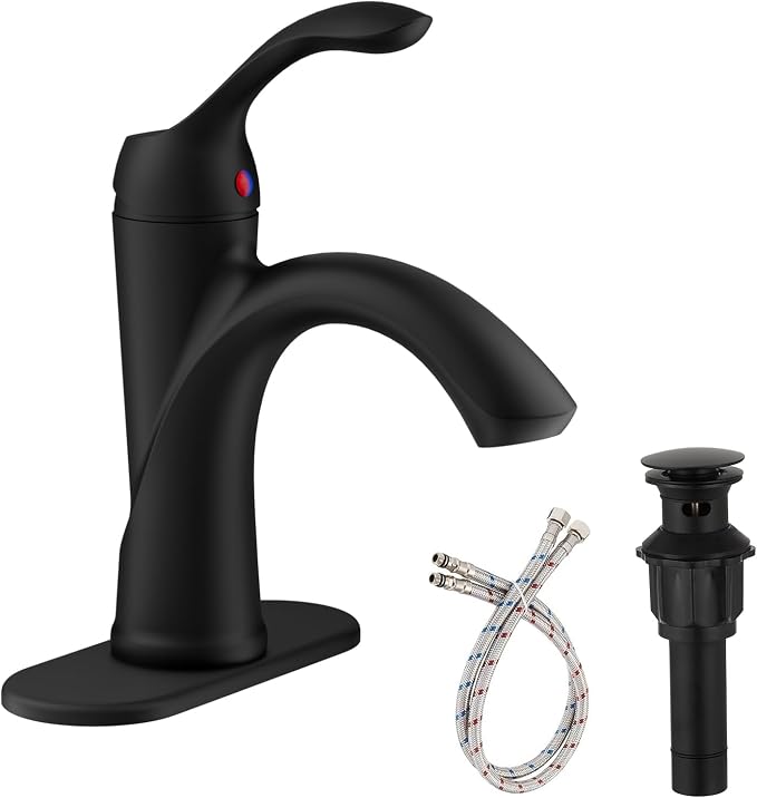 Matte Black Bathroom Faucet 1 Hole One-Handle Lever Bathroom Sink Faucets | Bath Rustic Lavatory Basin Mixer Tap with Pop Up Drain with Overflow Supply Hose by Homevacious