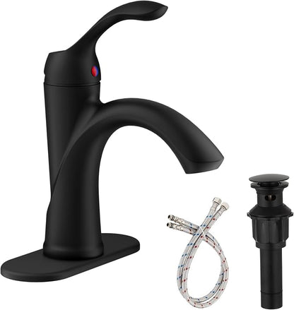 Matte Black Bathroom Faucet 1 Hole One-Handle Lever Bathroom Sink Faucets | Bath Rustic Lavatory Basin Mixer Tap with Pop Up Drain with Overflow Supply Hose by Homevacious