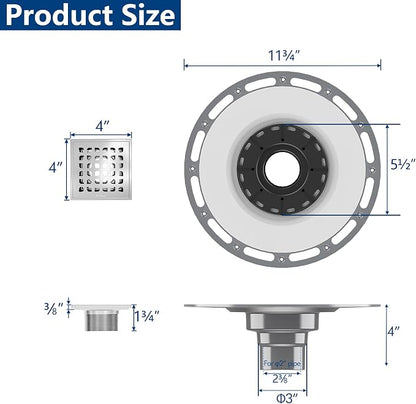 Neodrain 4" Brushed Square Shower Drain with Removable Grate & Drain Key | 304 Stainless Steel Floor Drain , PVC Bonding Flange Base with Anti-Wicking Fabric, for Low Profile Shower Pan