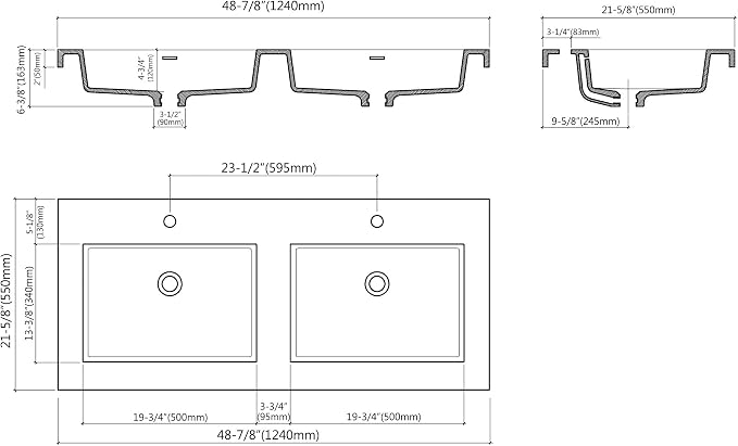 Dowell 49" Bathroom Sink,Double Bowl Vanity Basin,Rectangular Drop-In Bathroom Sink with Overflow,Black-000 4922BPBL