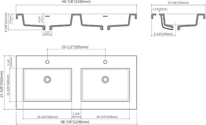 Dowell 49" Bathroom Sink,Double Bowl Vanity Basin,Rectangular Drop-In Bathroom Sink with Overflow,Black-000 4922BPBL