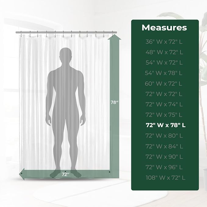 Clear Shower Curtain Liner with Side Suction Cups, Premium PEVA Plastic Shower Liner with 3 Magnets, Waterproof Bathroom Curtain, 72 x 78, Clear