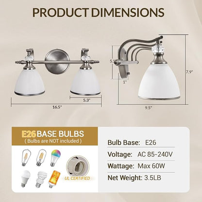 Brushed Nickel Vanity Light, 2-Light Bathroom Light Fixtures with Milky White Bell-Shape Glass Shades, Eye-Friendly Bathroom Wall Lamp for Mirror, Kitchen, Bedroom, Hallway