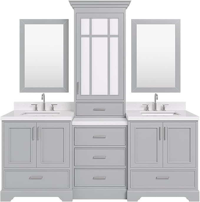 ARIEL Stafford 84-inch Bathroom Vanity with Sink,Solid Wood, 1.5-inch Carrara White Quartz Countertop & Backsplash, Double Rectangular Porcelain Sink, 5 Soft Closing Doors, 6 Dovetail Drawers, Grey