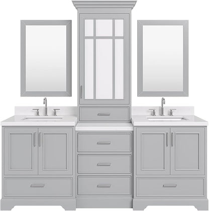 ARIEL Stafford 84-inch Bathroom Vanity with Sink,Solid Wood, 1.5-inch Carrara White Quartz Countertop & Backsplash, Double Rectangular Porcelain Sink, 5 Soft Closing Doors, 6 Dovetail Drawers, Grey