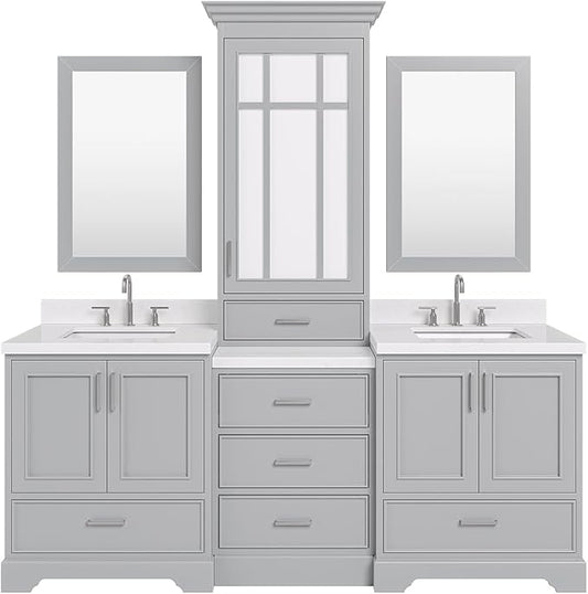 ARIEL Stafford 84-inch Bathroom Vanity with Sink,Solid Wood, 1.5-inch Carrara White Quartz Countertop & Backsplash, Double Rectangular Porcelain Sink, 5 Soft Closing Doors, 6 Dovetail Drawers, Grey