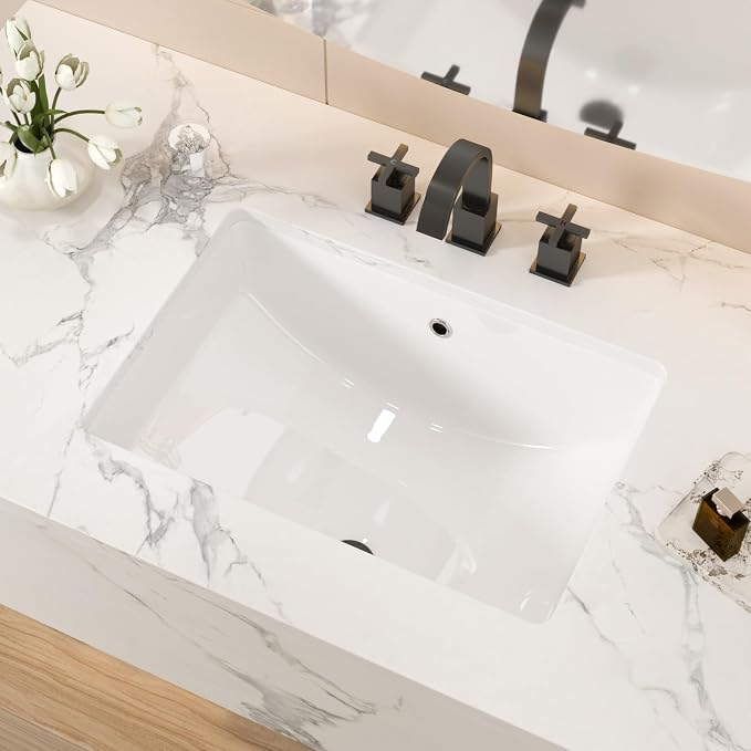 White Ceramic 21"x14" Undermount Bathroom Lavatory Sink | Rectangle under counter white bathroom vessel sink for bathroom