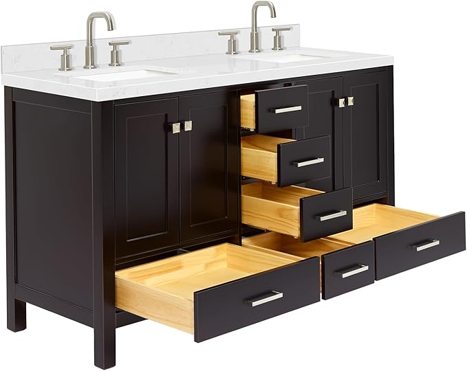 ARIEL Cambridge 60-inch Bathroom Vanity with Sink,Solid Wood, 1.5-inch Carrara White Quartz Countertop, Double Rectangular Porcelain Sink, 4 Soft Closing Doors, 6 Dovetail Drawers, Espresso