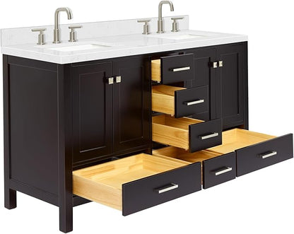 ARIEL Cambridge 60-inch Bathroom Vanity with Sink,Solid Wood, 1.5-inch Carrara White Quartz Countertop, Double Rectangular Porcelain Sink, 4 Soft Closing Doors, 6 Dovetail Drawers, Espresso