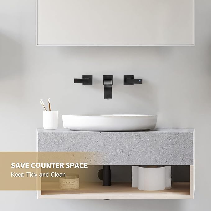 Brass Wall Mount Bathroom Faucet,Matte Black Wall Mounted Vessel Sink Faucet with Dual Lever Handles,Widespread 3 Holes Wall Faucet for Vanity Lavatory Sink,Rough in Valve