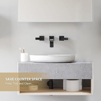Brass Wall Mount Bathroom Faucet,Matte Black Wall Mounted Vessel Sink Faucet with Dual Lever Handles,Widespread 3 Holes Wall Faucet for Vanity Lavatory Sink,Rough in Valve