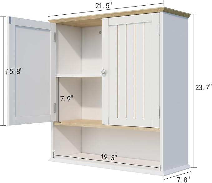 Wall Cabinet with 2 Doors & Open Shelf – Space Saving Medicine Cabinet, Wooden Wall Mounted Storage Cupboard for Bathroom Organization White
