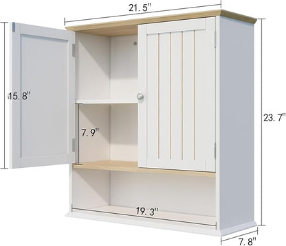 Wall Cabinet with 2 Doors & Open Shelf – Space Saving Medicine Cabinet, Wooden Wall Mounted Storage Cupboard for Bathroom Organization White