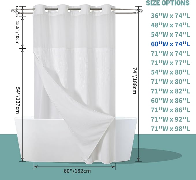 eachope No Hook Waffle Shower Curtain with Snap-in Liner, 60x74 Inch, White | 230GSM waffle weave fabric, waterproof liner set with 2 bottom magnets, mesh window, washable, for shower stalls or bathrooms