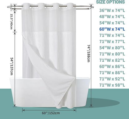 eachope No Hook Waffle Shower Curtain with Snap-in Liner, 60x74 Inch, White | 230GSM waffle weave fabric, waterproof liner set with 2 bottom magnets, mesh window, washable, for shower stalls or bathrooms