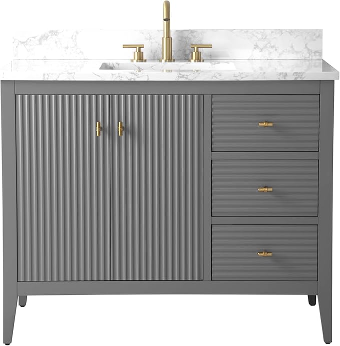 HOMEBEYOND 42" Bathroom Vanity with Sink, Solid Wood Bathroom Vanity Free-Standing Cabinet, Drawers, Ceramic Top & Soft Closing Door, Golden Brushed Handware, Cashmere Gray