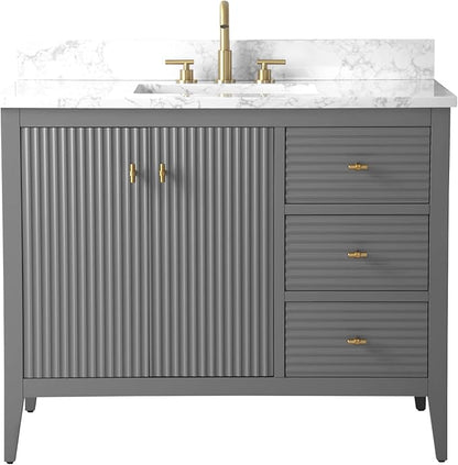 HOMEBEYOND 42" Bathroom Vanity with Sink, Solid Wood Bathroom Vanity Free-Standing Cabinet, Drawers, Ceramic Top & Soft Closing Door, Golden Brushed Handware, Cashmere Gray
