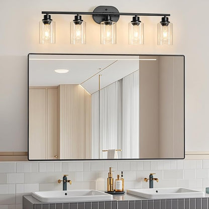 Unicozin 5 Light Bathroom Light Fixtures,33.5 Inch Vanity Lights for Bathroom, Lacquered Black Wall Lamp with Clear Glass for Mirror, Living Room, Hallway, Cabinet, E26 Base
